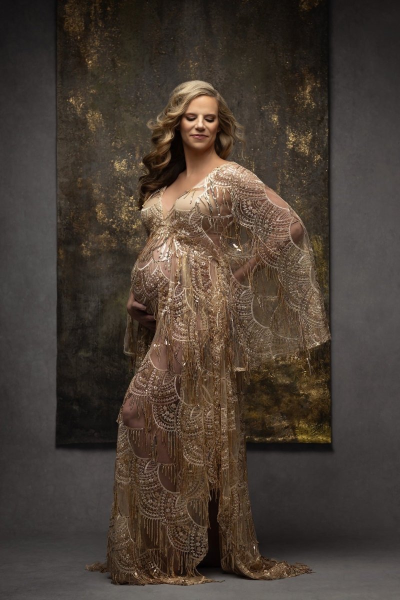 Faith Boho Maternity Photoshoot Dress | Gold Sequin Fringe Gown w/ Side Slits & Adjustable Waist, One Size Faith Boho Maternity Photoshoot Dress | Gold Sequin Fringe Gown w/ Side Slits & Adjustable Waist, One Size
