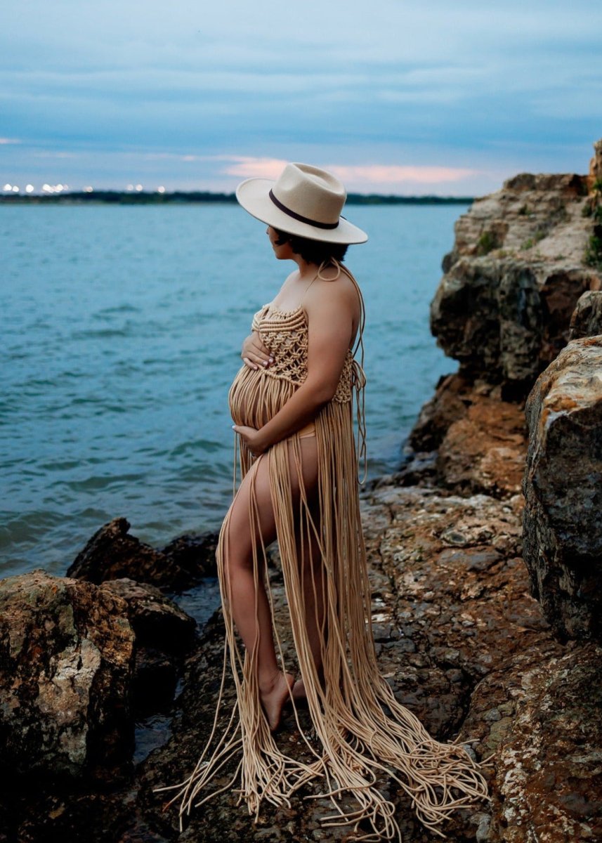 beach maternity photoshoot dress Maura Macramé Maternity Photoshoot Dress| Desert Sand Jersey Rope, Hal – Chicaboo