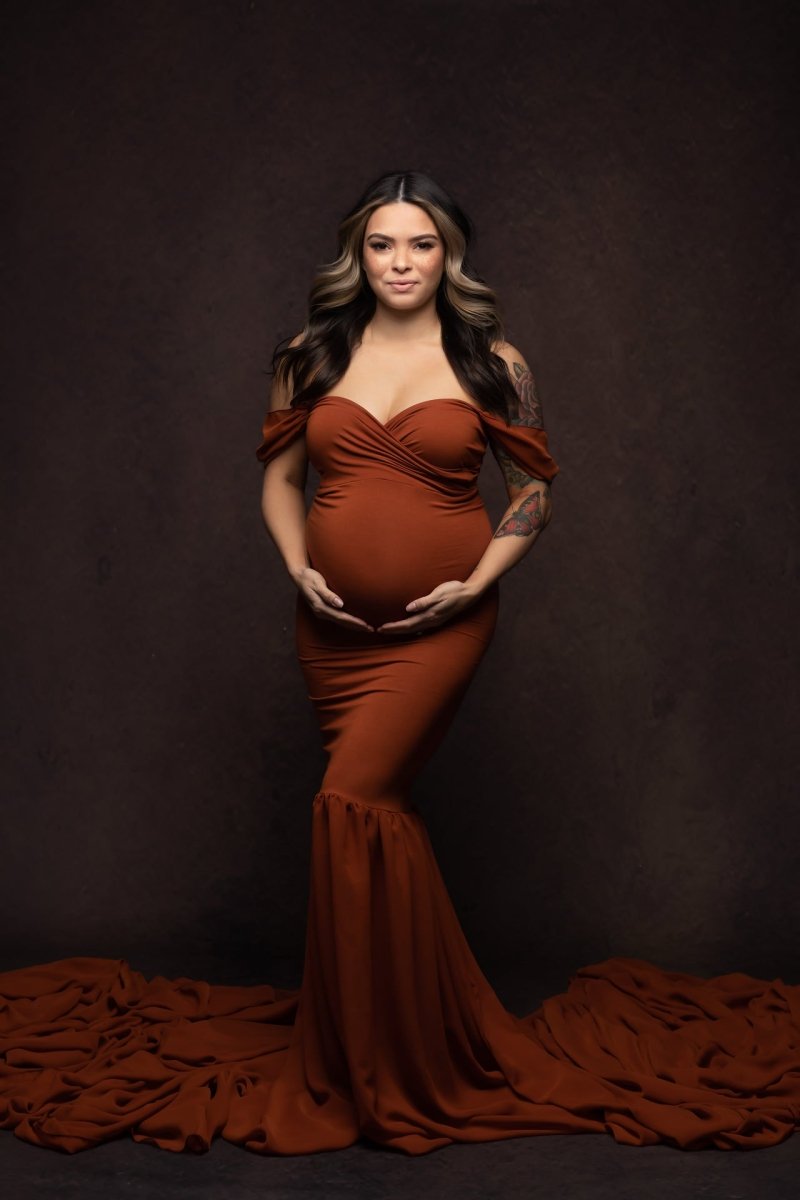 Monroe Maternity Photoshoot Gown| Rust Jersey & Chiffon Tossing Train, Chicaboo Monroe Maternity Photoshoot Gown| Rust Jersey & Chiffon Tossing Train, Chicaboo