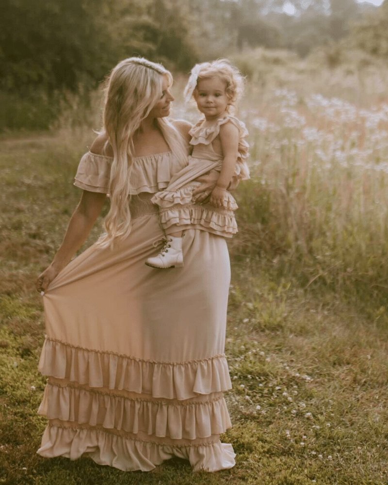 champagne ruffle maxi dress Francesca Maxi Dress, in Champagne Tulle Ruffle, Size: Large | Show Me Your Mumu