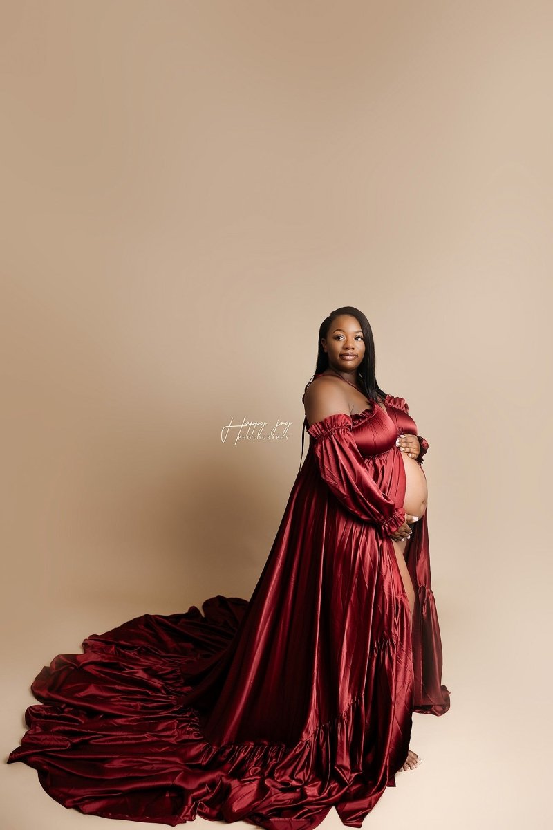 Paloma Maternity Photoshoot Dress | Wine Red Satin Gown w/ Split Belly, Convertible Neckline, One Size Paloma Maternity Photoshoot Dress | Wine Red Satin Gown w/ Split Belly, Convertible Neckline, One Size