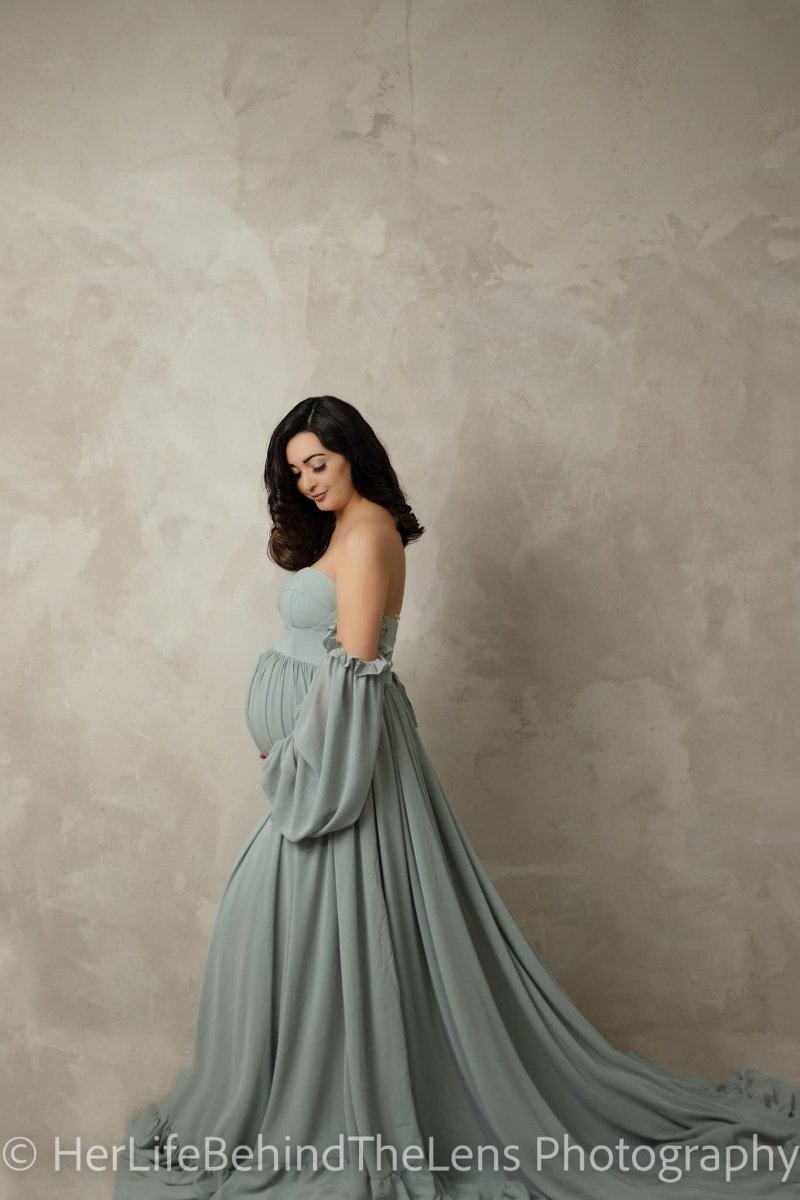Wren Maternity Photoshoot Gown | Aqua Smoke Chiffon Dress, Corset Back Chicaboo Wren Maternity Photoshoot Gown | Aqua Smoke Chiffon Dress, Corset Back Chicaboo