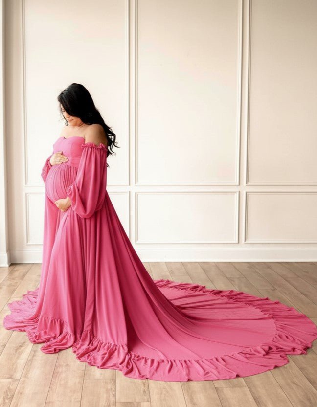 Wren Maternity Photoshoot Gown | Fuchsia Chiffon Dress, Corset Back, Split Belly, One Size Wren Maternity Photoshoot Gown | Fuchsia Chiffon Dress, Corset Back, Split Belly, One Size