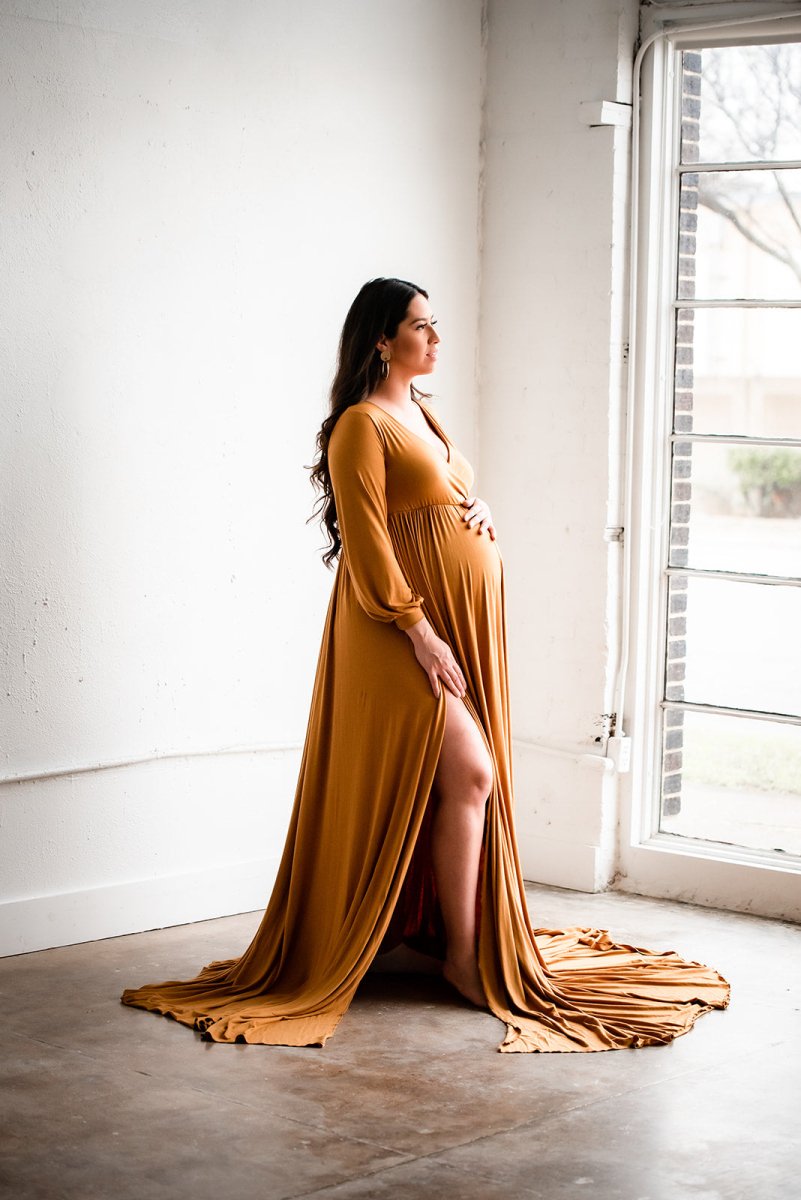 Charlotte Maternity Photoshoot Dress | Amber Gold Long Sleeve Jersey G Chicaboo Charlotte Maternity Photoshoot Dress | Amber Gold Long Sleeve Jersey G Chicaboo