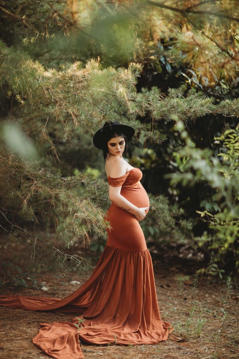 Monroe Maternity Photoshoot Gown| Copper Jersey & Chiffon Tossing Trai Chicaboo Monroe Maternity Photoshoot Gown| Copper Jersey & Chiffon Tossing Trai Chicaboo
