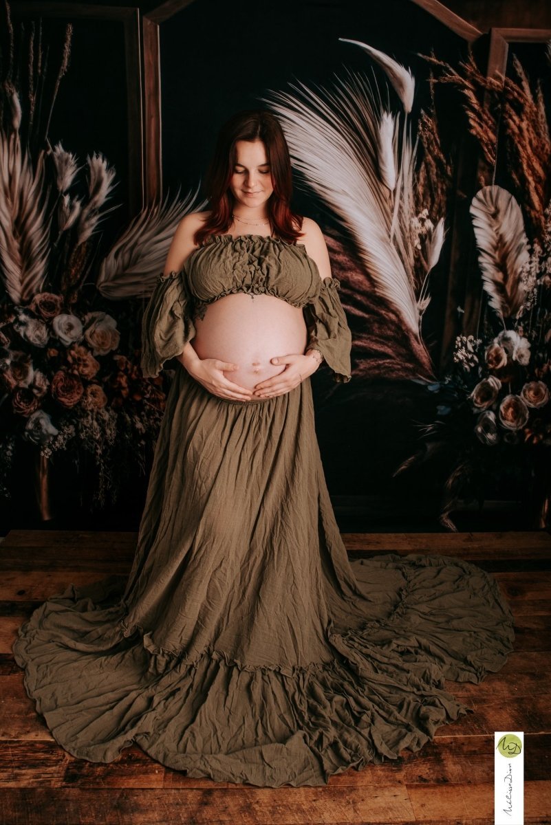 Daisy 2-Piece Boho Maternity Photoshoot Dress | Dusty Olive Linen Ruff Chicaboo Daisy 2-Piece Boho Maternity Photoshoot Dress | Dusty Olive Linen Ruff Chicaboo
