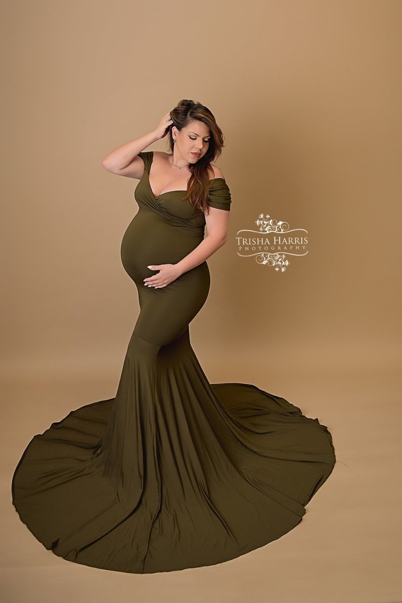 Athena Maternity Photoshoot Dress | Dark Olive Jersey Gown, Convertibl Chicaboo Athena Maternity Photoshoot Dress | Dark Olive Jersey Gown, Convertibl Chicaboo