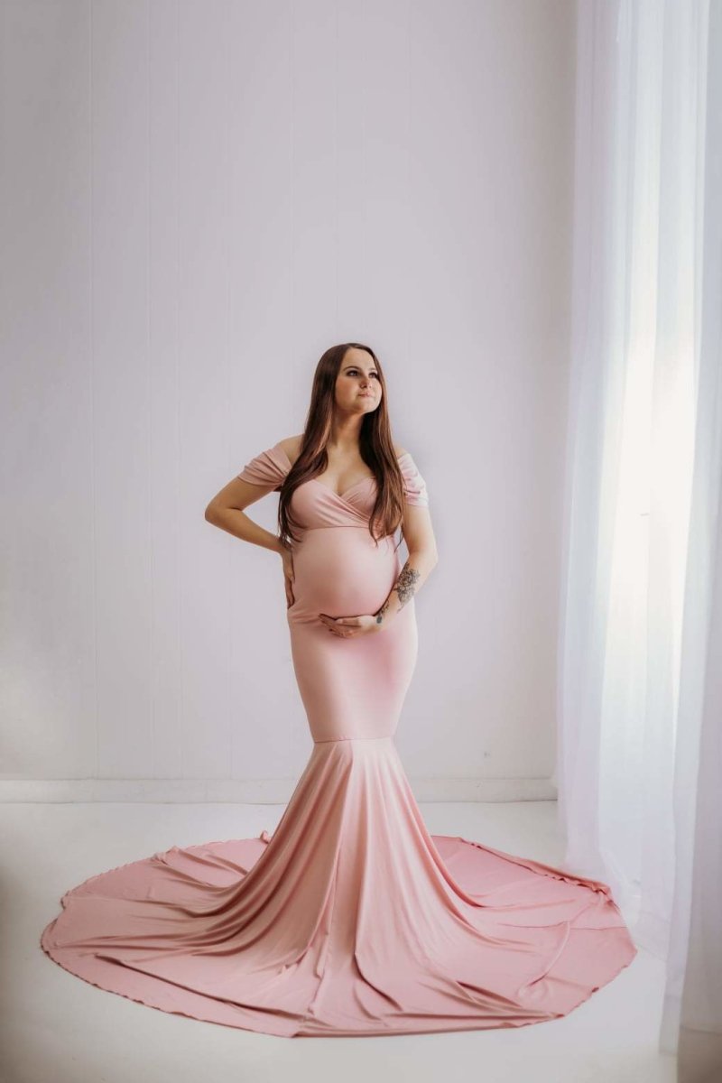 Athena Maternity Photoshoot Dress | Dusty Pink Jersey Gown, Convertibl Chicaboo Athena Maternity Photoshoot Dress | Dusty Pink Jersey Gown, Convertibl Chicaboo