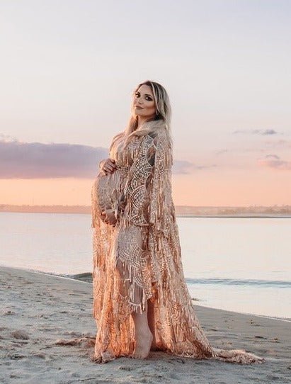 Faith Boho Maternity Photoshoot Dress Rosegold Sequin Fringe Gown w Chicaboo