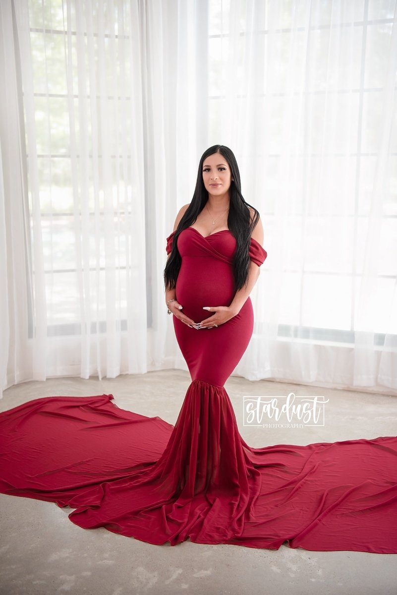 Monroe Maternity Photoshoot Gown| Garnet Jersey & Chiffon Tossing Trai Chicaboo Monroe Maternity Photoshoot Gown| Garnet Jersey & Chiffon Tossing Trai Chicaboo