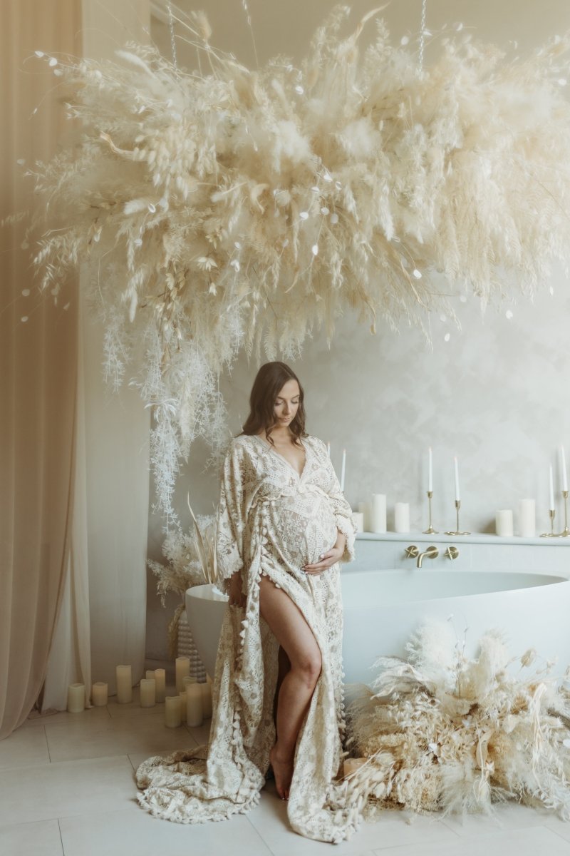 Ivy Maternity Photoshoot Dress | Boho Beige Lace Gown, Unlined w/ Side Chicaboo Ivy Maternity Photoshoot Dress | Boho Beige Lace Gown, Unlined w/ Side Chicaboo