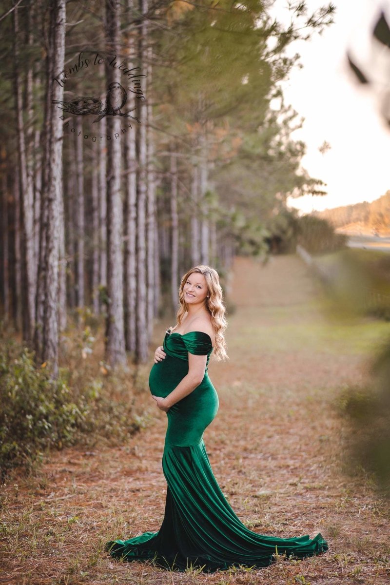 Juniper Green Velvet {Athena} Maternity Gown with pull on sleeves - Chicaboo