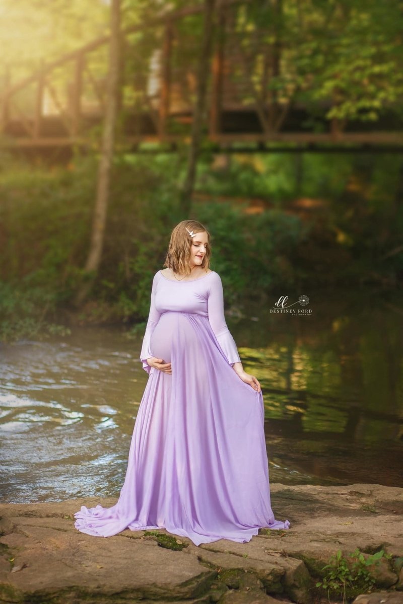 2-Piece Maternity Photoshoot Set | Lavender Bell Sleeve Top & Chiffon Semi-Sheer Skirt Set, One-Size 2-Piece Maternity Photoshoot Set | Lavender Bell Sleeve Top & Chiffon Semi-Sheer Skirt Set, One-Size