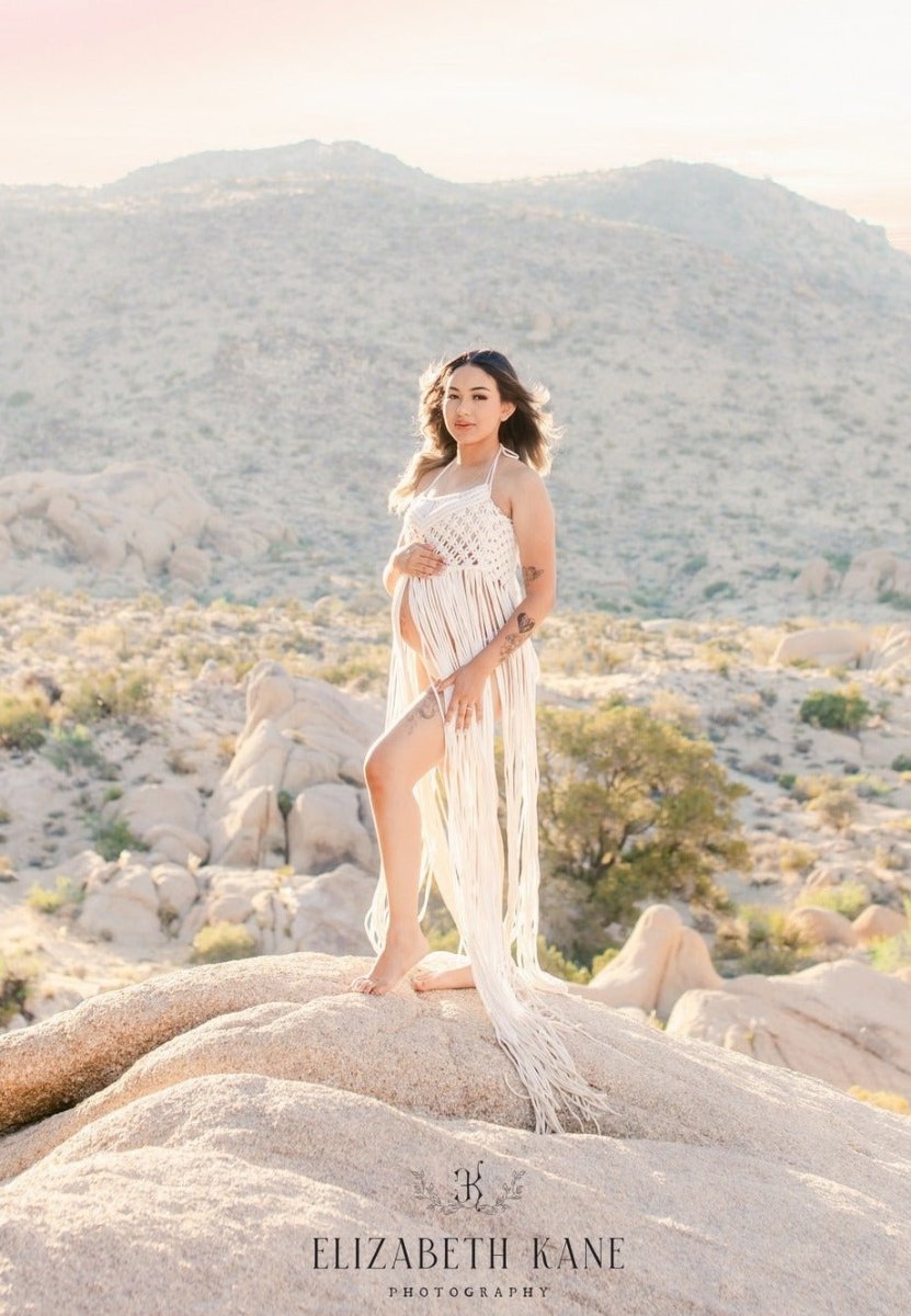 Maura Macramé Maternity Photoshoot Dress| Warm White Jersey Rope, Halt – Chicaboo Maura Macramé Maternity Photoshoot Dress| Warm White Jersey Rope, Halt – Chicaboo
