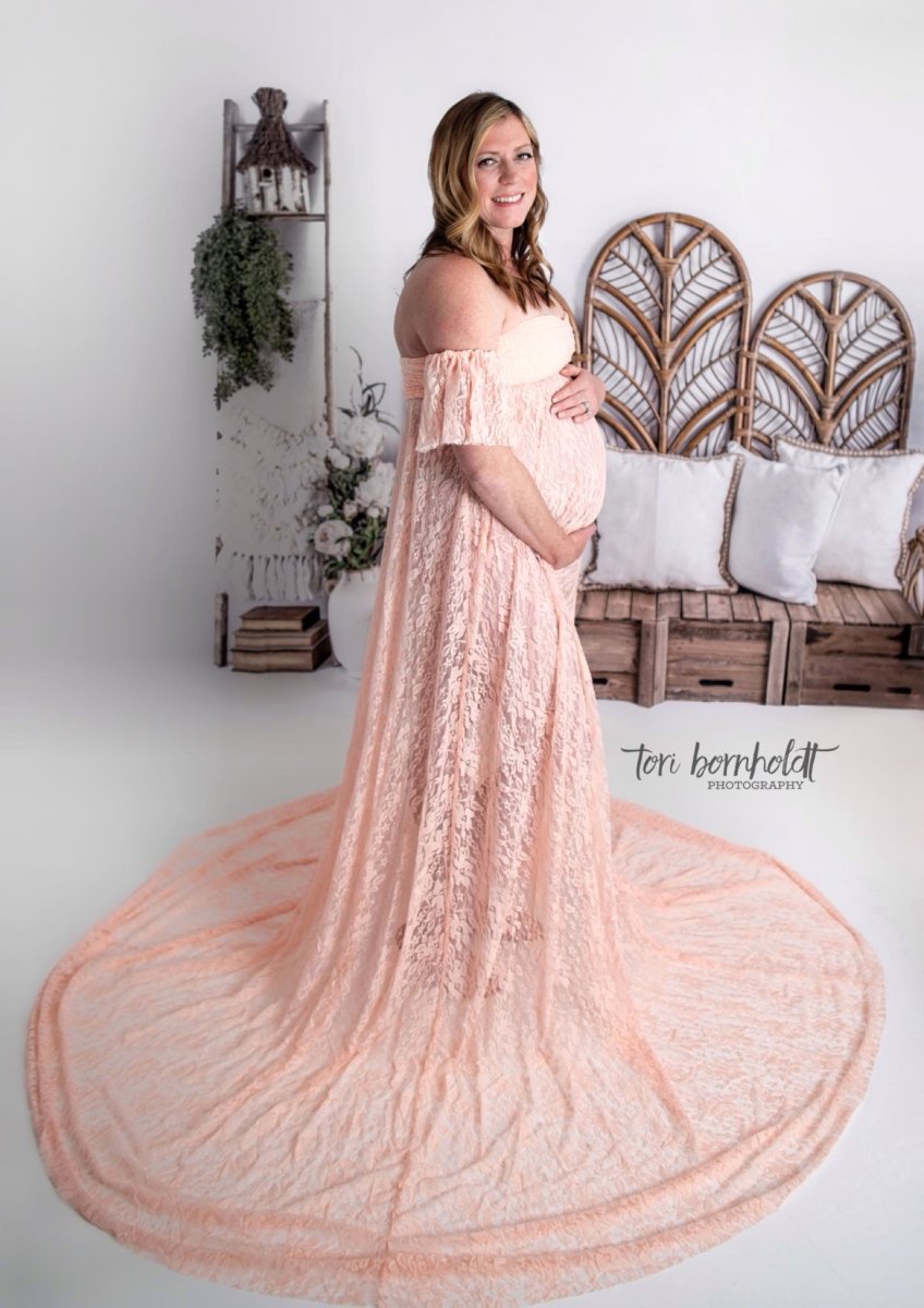 Willow Maternity Photoshoot Dress | Peachy Pink Lace Gown, Unlined, One Size Willow Maternity Photoshoot Dress | Peachy Pink Lace Gown, Unlined, One Size