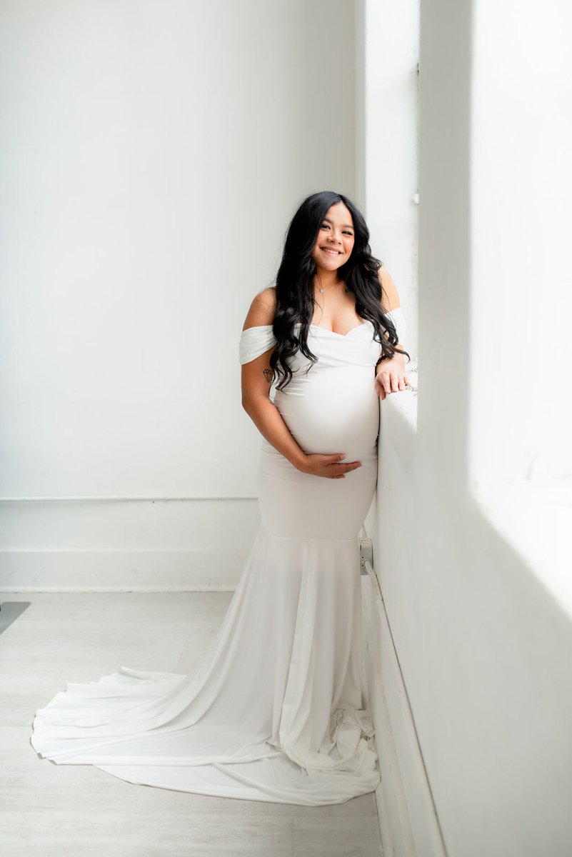 Athena Maternity Photoshoot Dress | Pearl Jersey Gown, Convertible, On Chicaboo Athena Maternity Photoshoot Dress | Pearl Jersey Gown, Convertible, On Chicaboo
