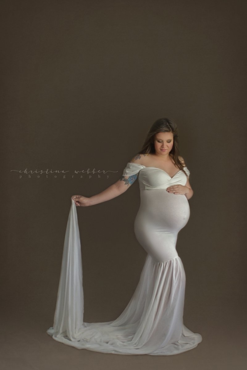 Monroe Maternity Photoshoot Gown| Pearl Jersey & Chiffon Tossing Train, One Size Monroe Maternity Photoshoot Gown| Pearl Jersey & Chiffon Tossing Train, One Size