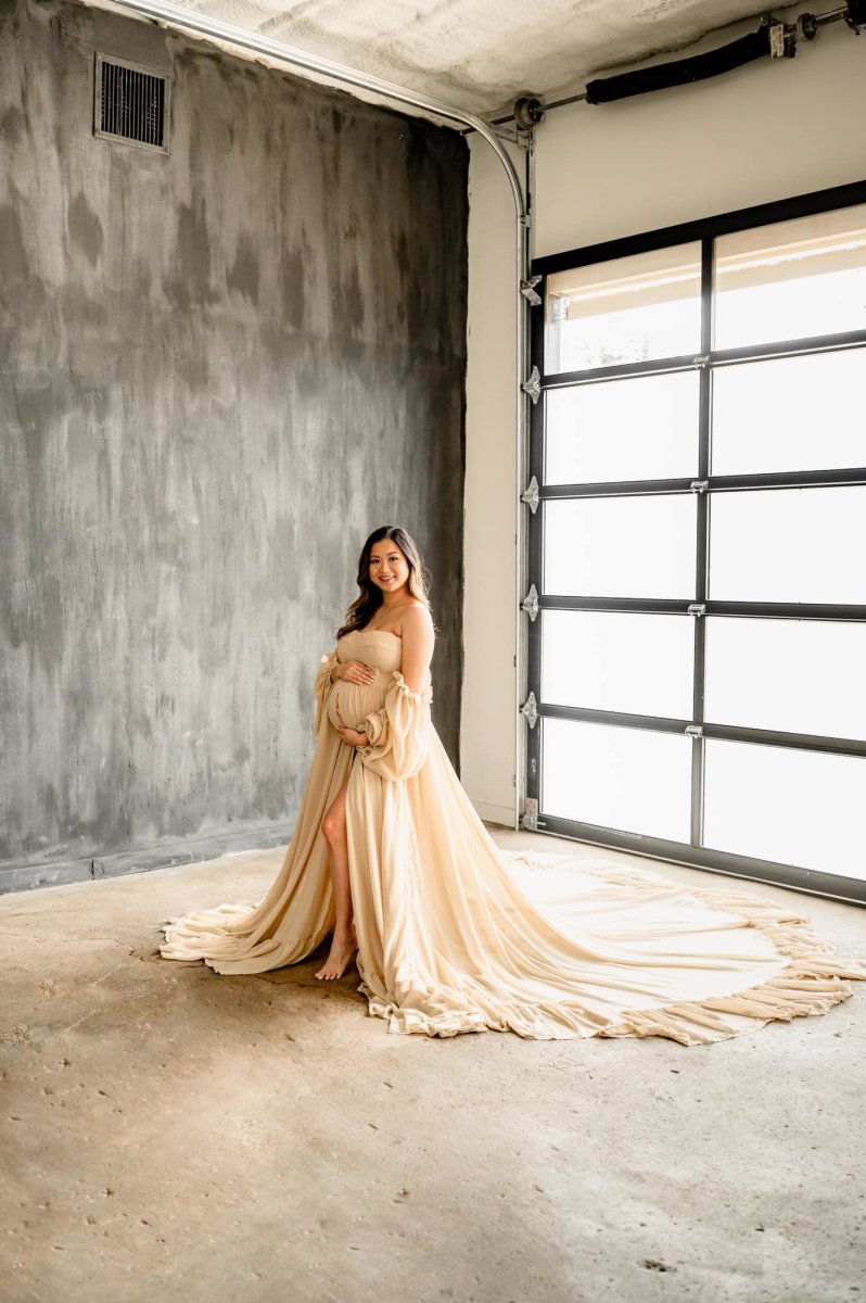 Wren Maternity Photoshoot Gown | Vintage Beige Chiffon Dress, Corset B Chicaboo Wren Maternity Photoshoot Gown | Vintage Beige Chiffon Dress, Corset B Chicaboo