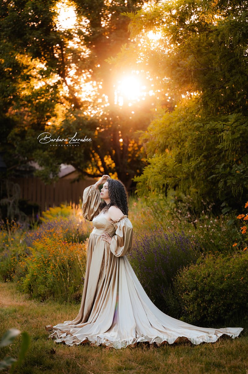 Wren Maternity Photoshoot Gown | Vintage Gold Satin Flowy Dress, Corset Back, Split Belly, One Size