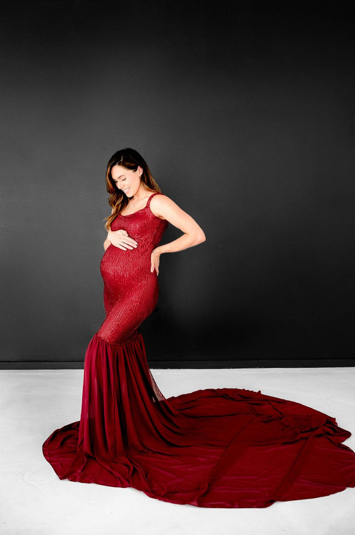 Red Bordeaux Sequin Stretch {Marilyn} Maternity Gown with tossable train - Chicaboo