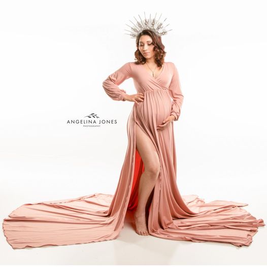 Charlotte Maternity Photoshoot Dress | Rosegold Long Sleeve Jersey Gown, High Slit, One Size Charlotte Maternity Photoshoot Dress | Rosegold Long Sleeve Jersey Gown, High Slit, One Size