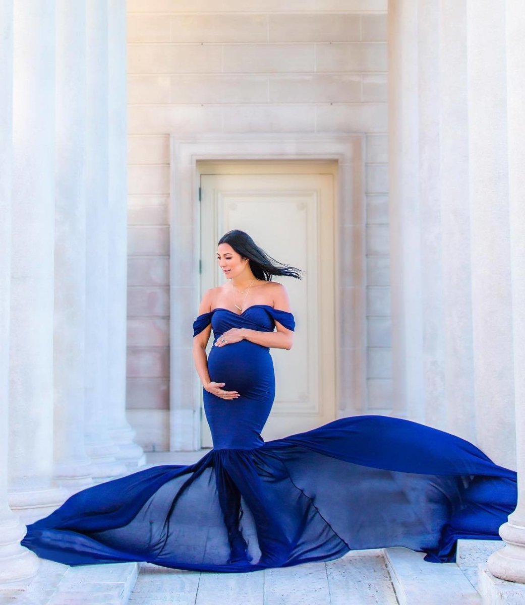 royal blue maternity dress for photoshoot Royal Blue Maternity Prom Dress with Zipper Back, Long Puff Sleeves, Tulle Satin Floor-Length Gown from Dhgate Prom Dresses