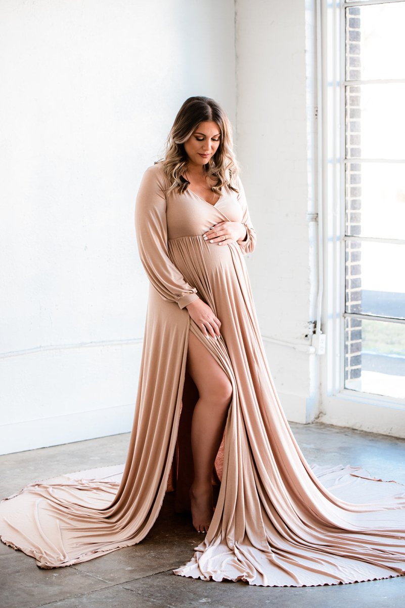 Charlotte Maternity Photoshoot Dress | Sand Long Sleeve Jersey Gown, High Slit, One Size Charlotte Maternity Photoshoot Dress | Sand Long Sleeve Jersey Gown, High Slit, One Size