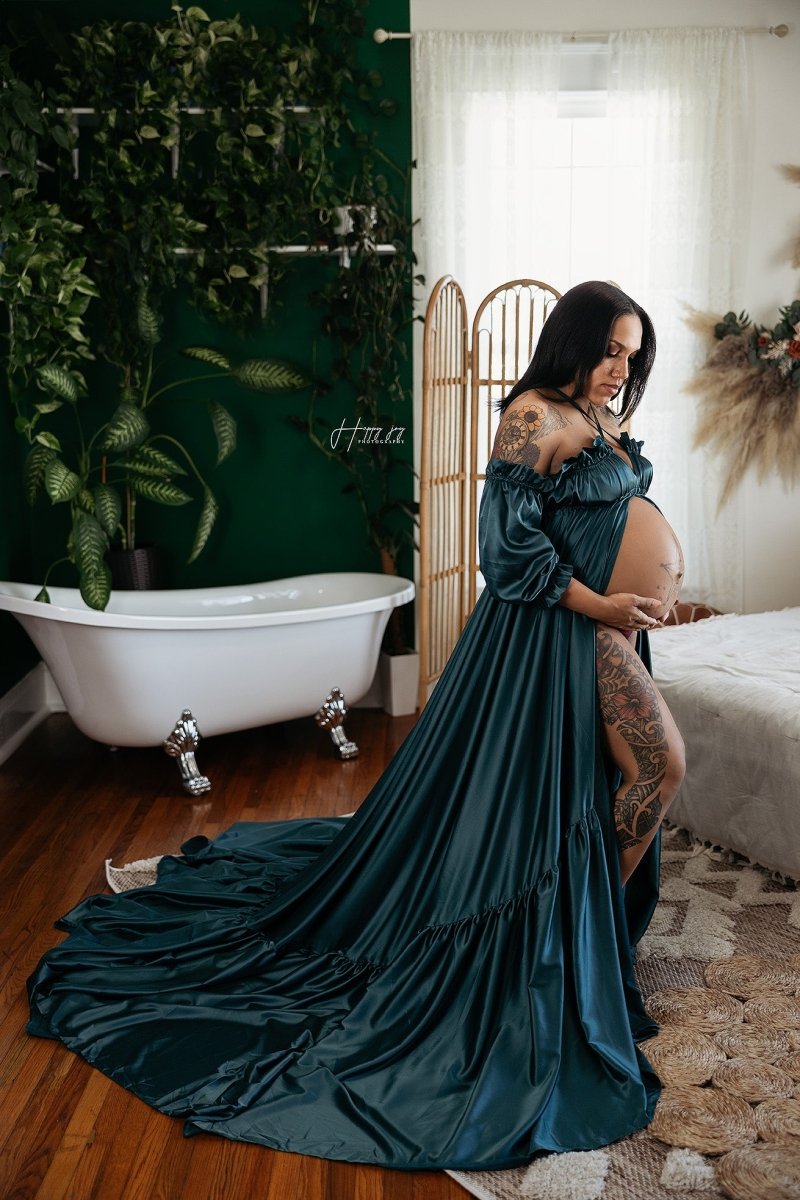 satin maternity dress for photoshoot Sexy Off-the-shoulder Two-piece Chiffon Maternity Photoshoot Dress, Champagne / 2XL