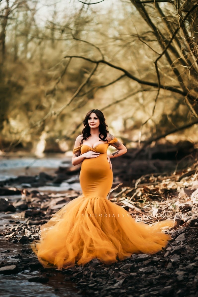 Set Amber Gold Signature Jersey Athena Crop top & {Ariel} Underbust Tube Mermaid Maternity Skirt with Tulle Train - Chicaboo