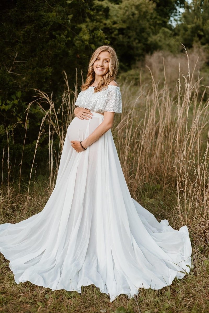 silver sequin maternity dress Hjindpr Sequin Maternity Dress for Photoshoot Sparkly Pregnancy Robe for Women Illusion Bridal Lingerie BabyShower Gowns Aqua S-M at Amazon Women's Clothing store