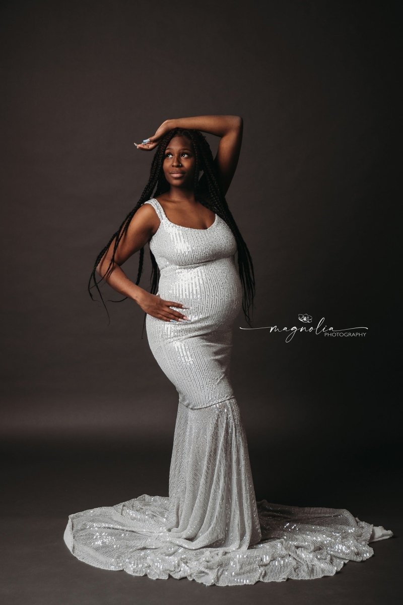 Sparkly Silver Sequin Maternity Dress Penelope Maternity Photoshoot Gown Silver Stretch Sequin Dress, One Size Sparkly Silver Sequin Maternity Dress Penelope Maternity Photoshoot Gown Silver Stretch Sequin Dress, One Size