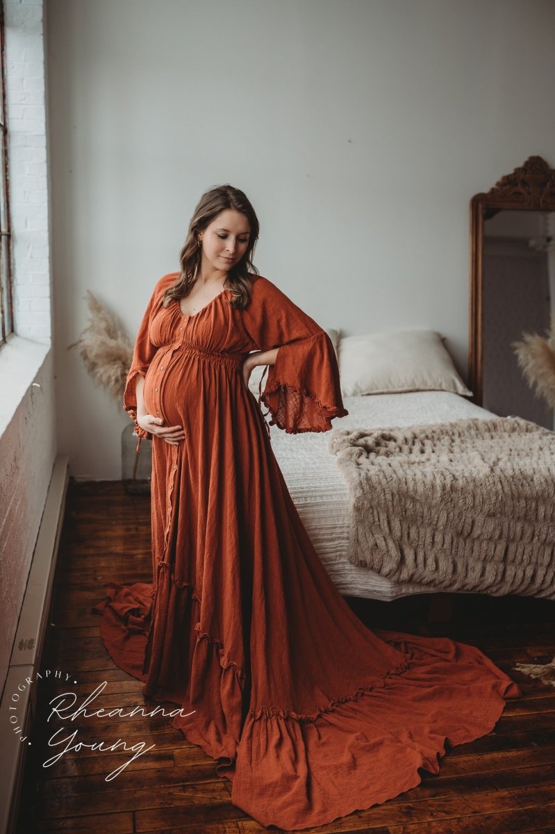 Aspen Boho Maternity Photoshoot Dress | Dark Rust Linen, Side Slits, One Size Aspen Boho Maternity Photoshoot Dress | Dark Rust Linen, Side Slits, One Size