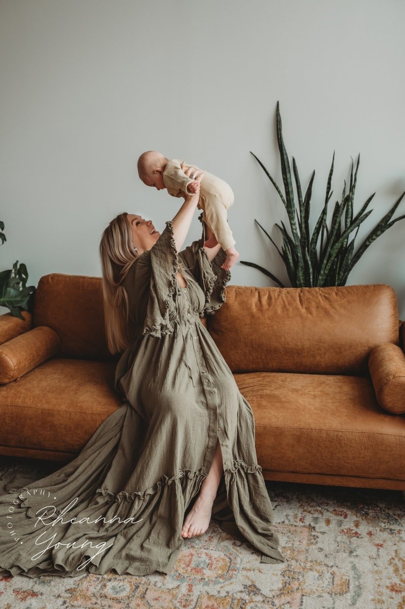 Aspen Boho Maternity Photoshoot Dress | Dusty Olive Linen, Side Slits, Chicaboo Aspen Boho Maternity Photoshoot Dress | Dusty Olive Linen, Side Slits, Chicaboo