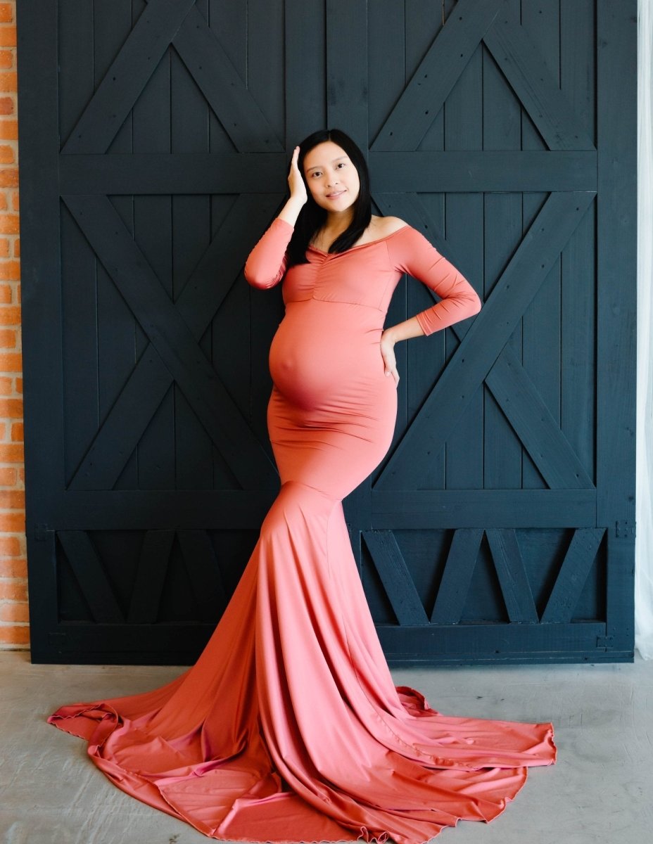 Serena Maternity Photoshoot Dress | Terra Cotta Rose Long Sleeve Jerse Chicaboo Serena Maternity Photoshoot Dress | Terra Cotta Rose Long Sleeve Jerse Chicaboo