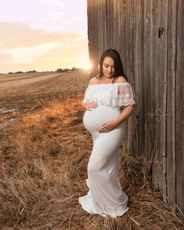 Everly Maternity Photoshoot Dress | White Jersey with Boho Lace, Fitte Chicaboo Everly Maternity Photoshoot Dress | White Jersey with Boho Lace, Fitte Chicaboo