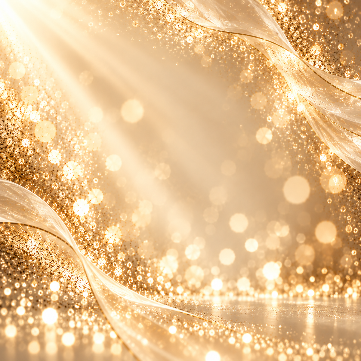 A festive gold glitter background with shimmering bokeh lights, soft golden ribbons, and radiant light rays, suitable as a backdrop or decorative graphic.