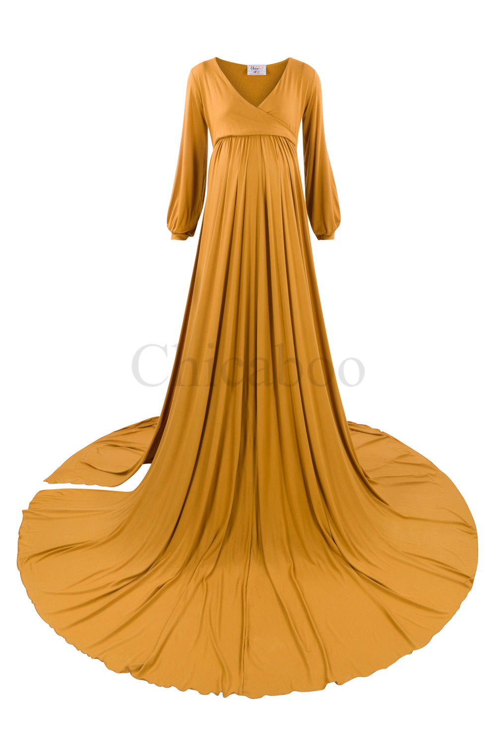 Charlotte Maternity Photoshoot Dress | Amber Gold Long Sleeve Jersey Gown, High Slit, One Size Charlotte Maternity Photoshoot Dress | Amber Gold Long Sleeve Jersey Gown, High Slit, One Size