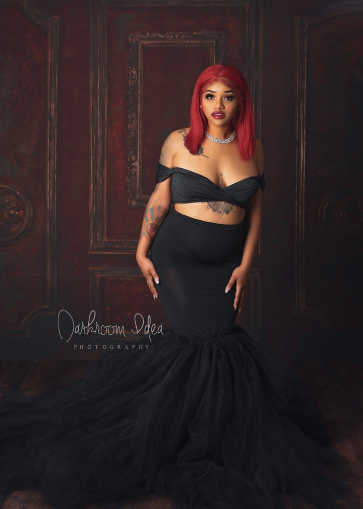 Ariel 2 - Piece Maternity Photoshoot Dress | Black Jersey Top & Convertible Tulle Tube Skirt, One Size - Chicaboo