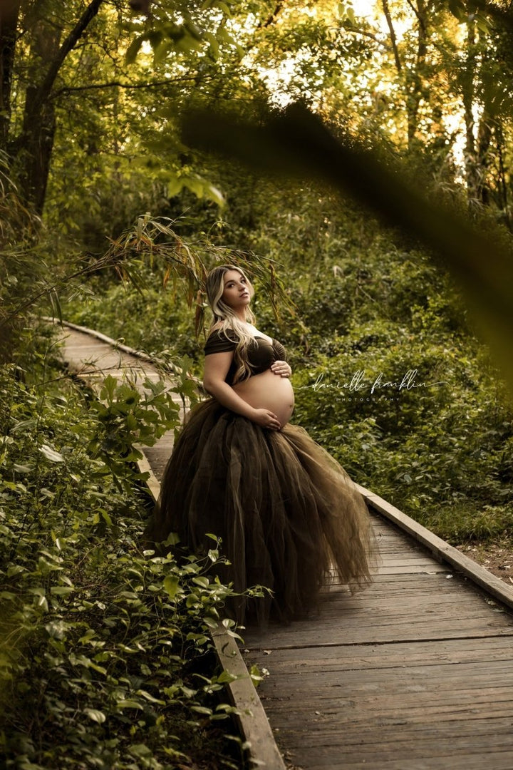 Ariel 2 - Piece Maternity Photoshoot Dress | Dark Olive Jersey Top & Convertible Tulle Tube Skirt, One Size - Chicaboo