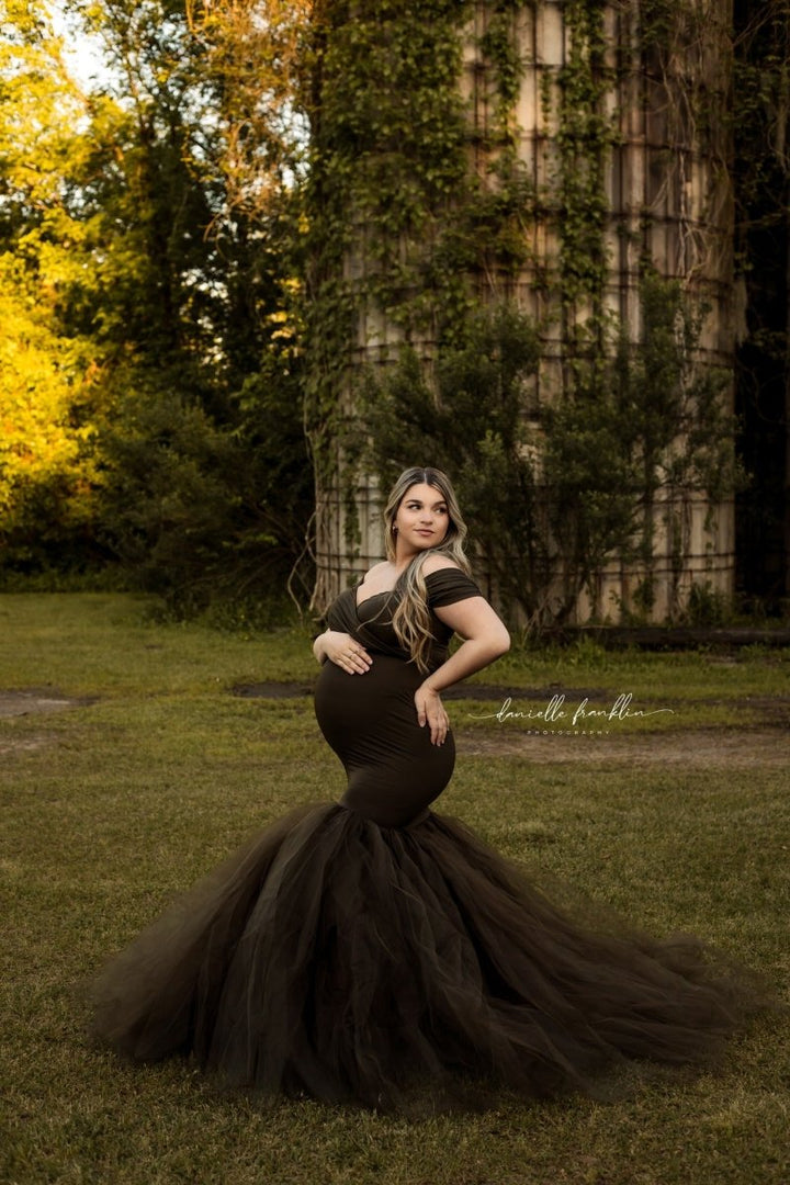 Ariel 2 - Piece Maternity Photoshoot Dress | Dark Olive Jersey Top & Convertible Tulle Tube Skirt, One Size - Chicaboo