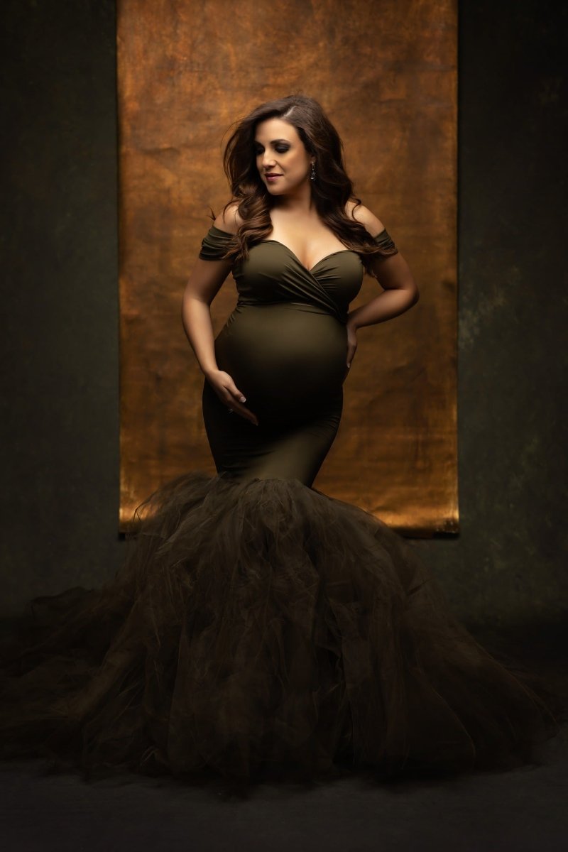 Ariel 2 - Piece Maternity Photoshoot Dress | Dark Olive Jersey Top & Convertible Tulle Tube Skirt, One Size - Chicaboo