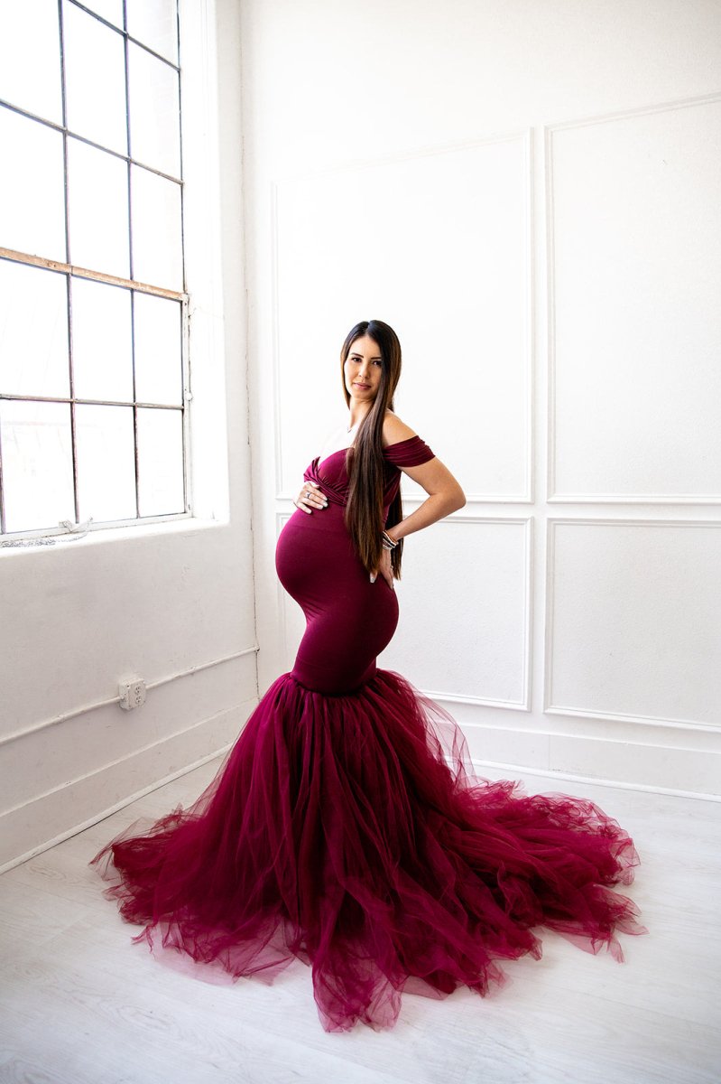 Ariel 2 - Piece Maternity Photoshoot Dress | Garnet Jersey Top & Convertible Tulle Tube Skirt, One Size - Chicaboo