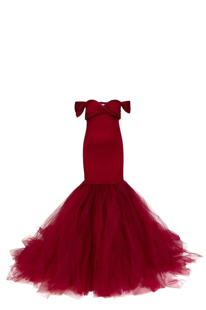 Ariel 2 - Piece Maternity Photoshoot Dress | Garnet Jersey Top & Convertible Tulle Tube Skirt, One Size - Chicaboo