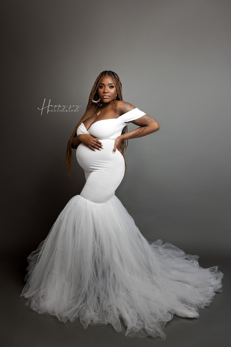 Ariel 2 - Piece Maternity Photoshoot Dress | Pearl Jersey Top & Convertible Tulle Tube Skirt, One Size - Chicaboo