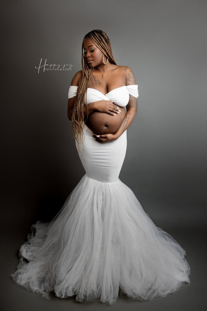 Ariel 2 - Piece Maternity Photoshoot Dress | Pearl Jersey Top & Convertible Tulle Tube Skirt, One Size - Chicaboo