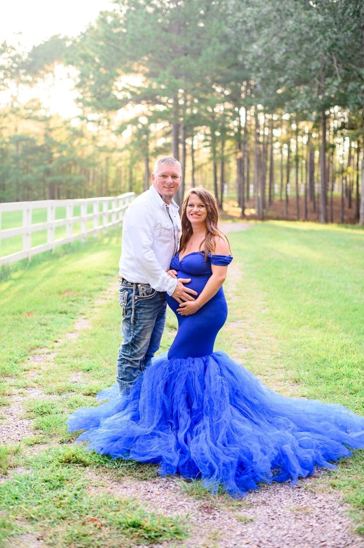 Ariel 2 - Piece Maternity Photoshoot Dress | Royal Blue Jersey Top & Convertible Tulle Tube Skirt, One Size - Chicaboo