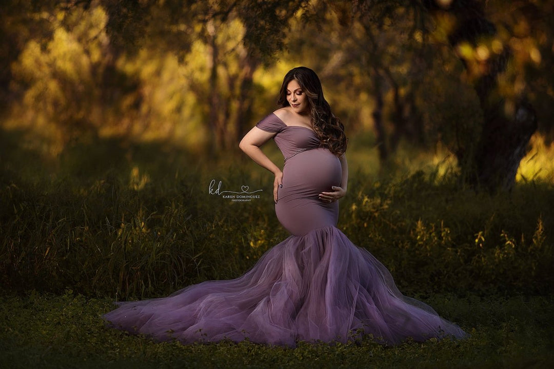 Ariel 2 - Piece Maternity Photoshoot Dress | Smokey Amethyst Jersey Top & Convertible Tulle Tube Skirt, One Size - Chicaboo