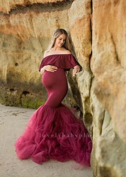 Ariel 2 - Piece Maternity Photoshoot Dress | Wine Jersey Top & Convertible Tulle Tube Skirt, One Size (Copy) - Chicaboo