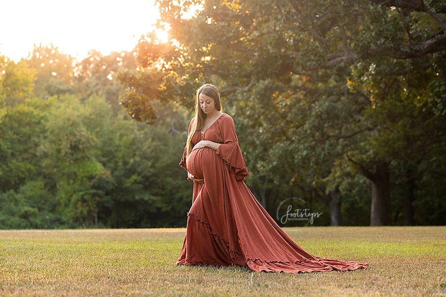 Aspen Boho Maternity Photoshoot Dress | Dark Rust Linen, Side Slits, One Size - Chicaboo