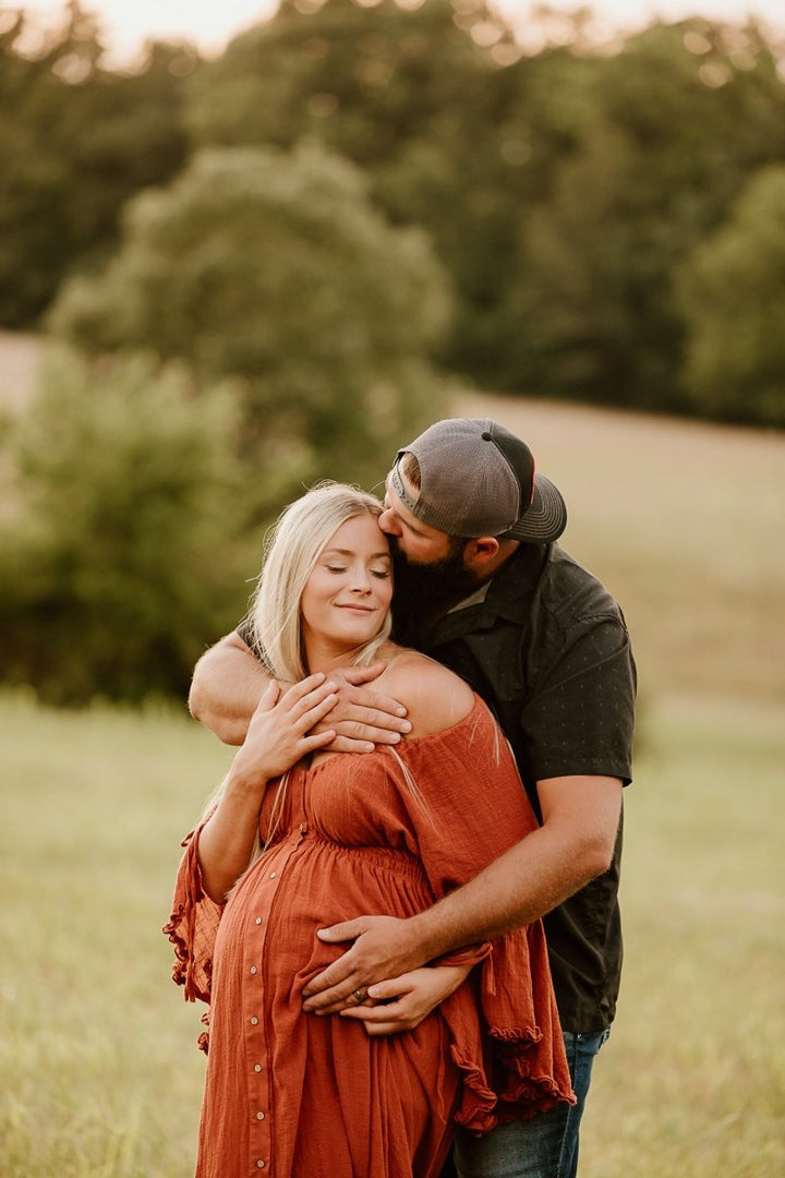 Aspen Boho Maternity Photoshoot Dress | Dark Rust Linen, Side Slits, One Size - Chicaboo